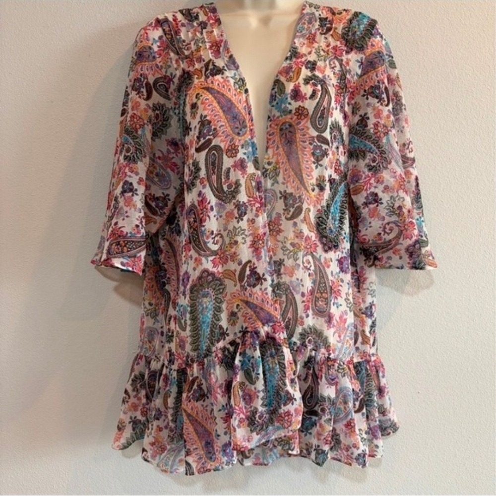 American Eagle Paisley Floral Ruffle Kimono Cardigan Boho Festival Cover Up Med